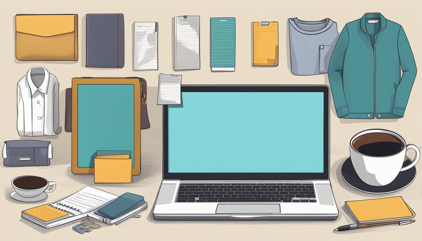 A laptop displaying a variety of clothing options, a cup of coffee, and a notepad with a list of desired items