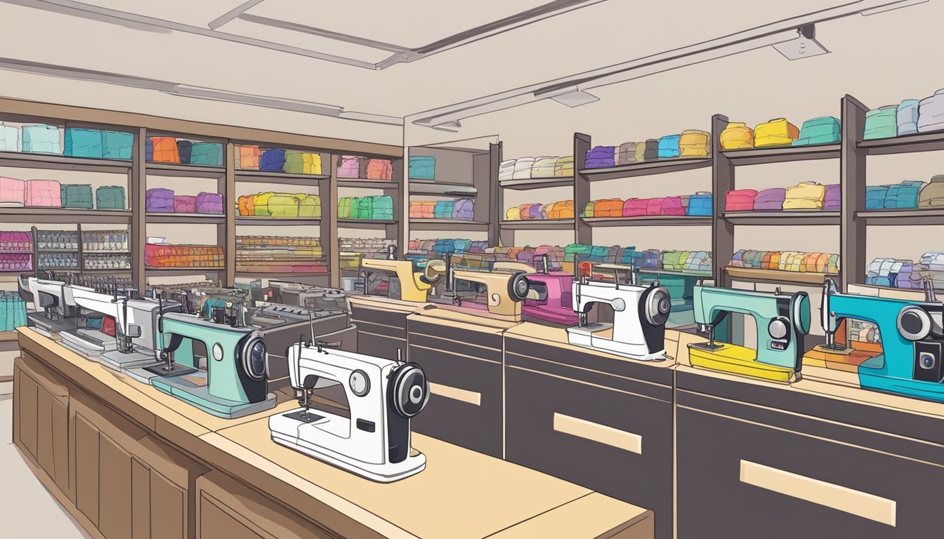 A store in Singapore sells handheld sewing machines. Displayed on shelves, colorful machines attract customers