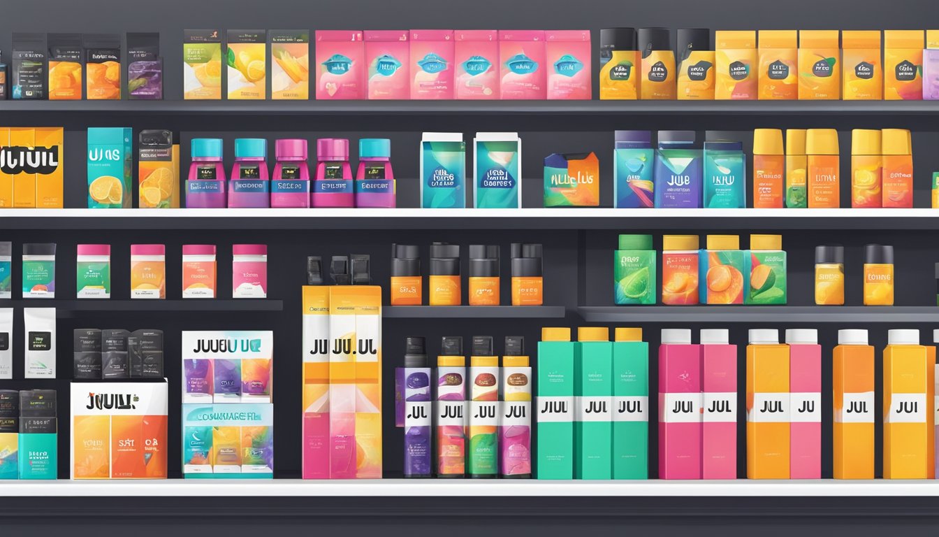 A brightly lit convenience store shelf displays various Juul products for sale in Singapore