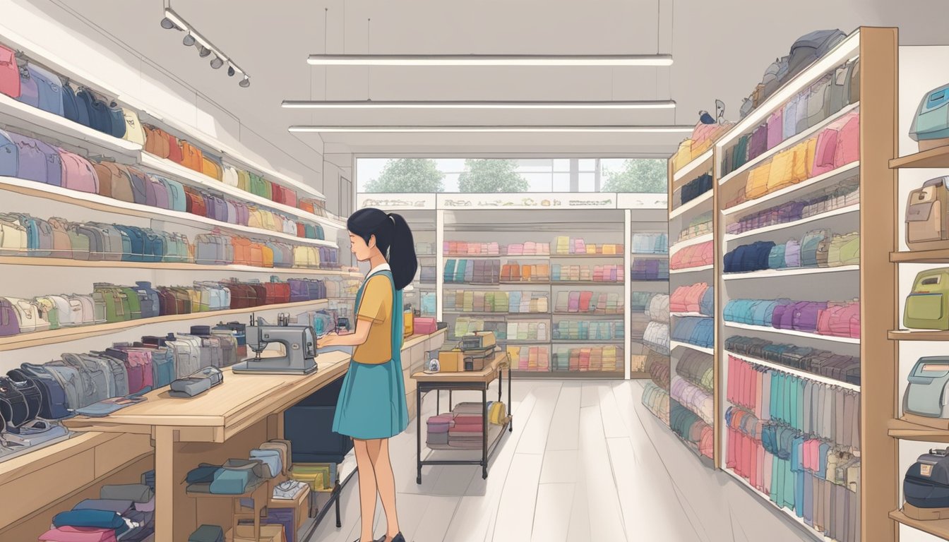 Top sewing machine brands displayed in a Singapore store. Brightly lit shelves showcase various models. Shoppers browse and compare features