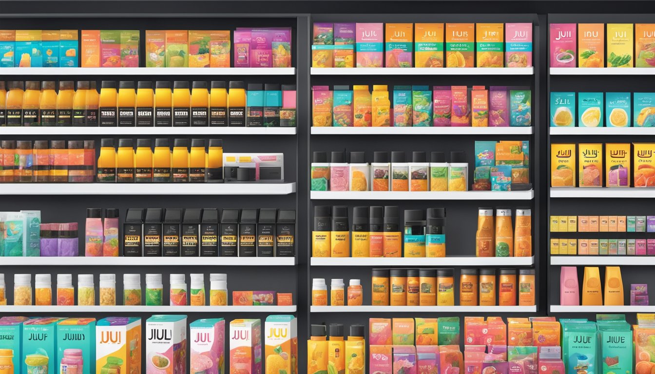 A brightly lit convenience store shelf displays Juul products in Singapore