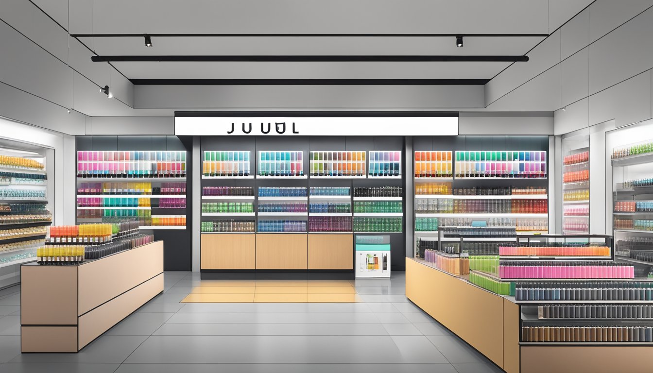 A display of Juul products in a sleek, modern store in Singapore, with prominent signage indicating where to buy