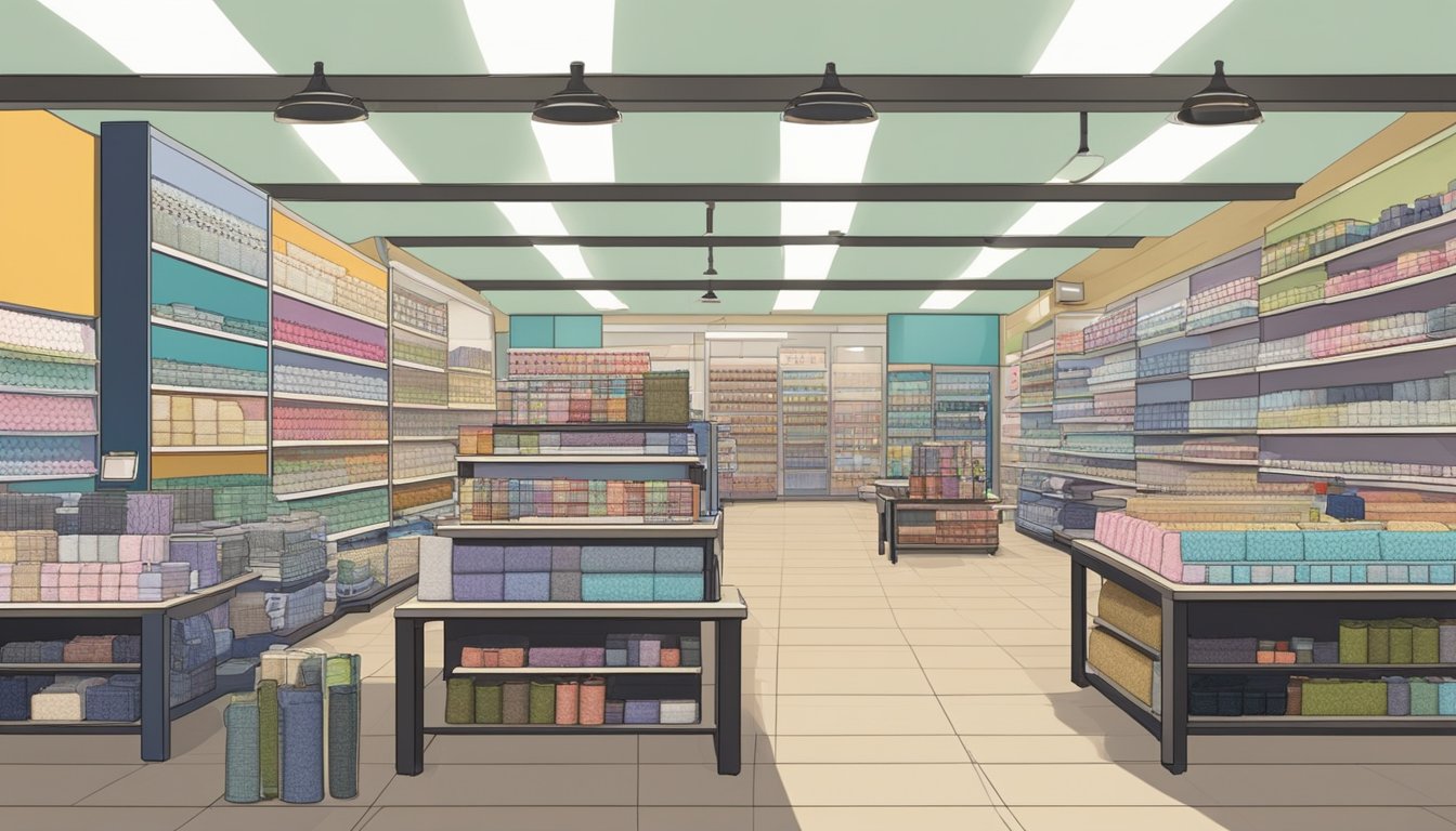 A display of handheld sewing machines in a Singaporean store, with various models and brands neatly arranged on shelves