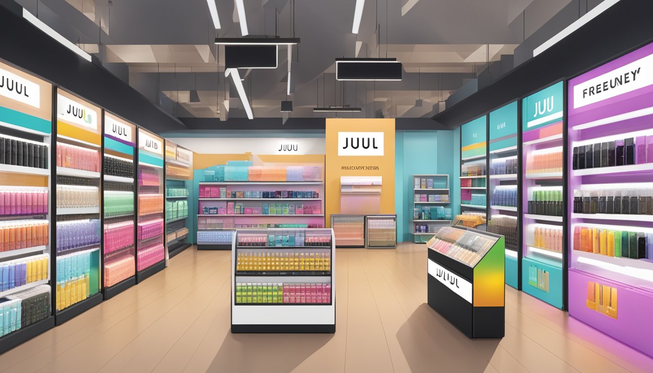 A display of Juul products in a Singapore store, with a "Frequently Asked Questions" sign prominently placed