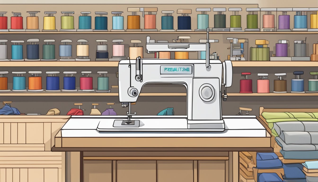 A hand-held sewing machine displayed on a shelf in a Singaporean store, with a sign indicating "Frequently Asked Questions" about purchasing