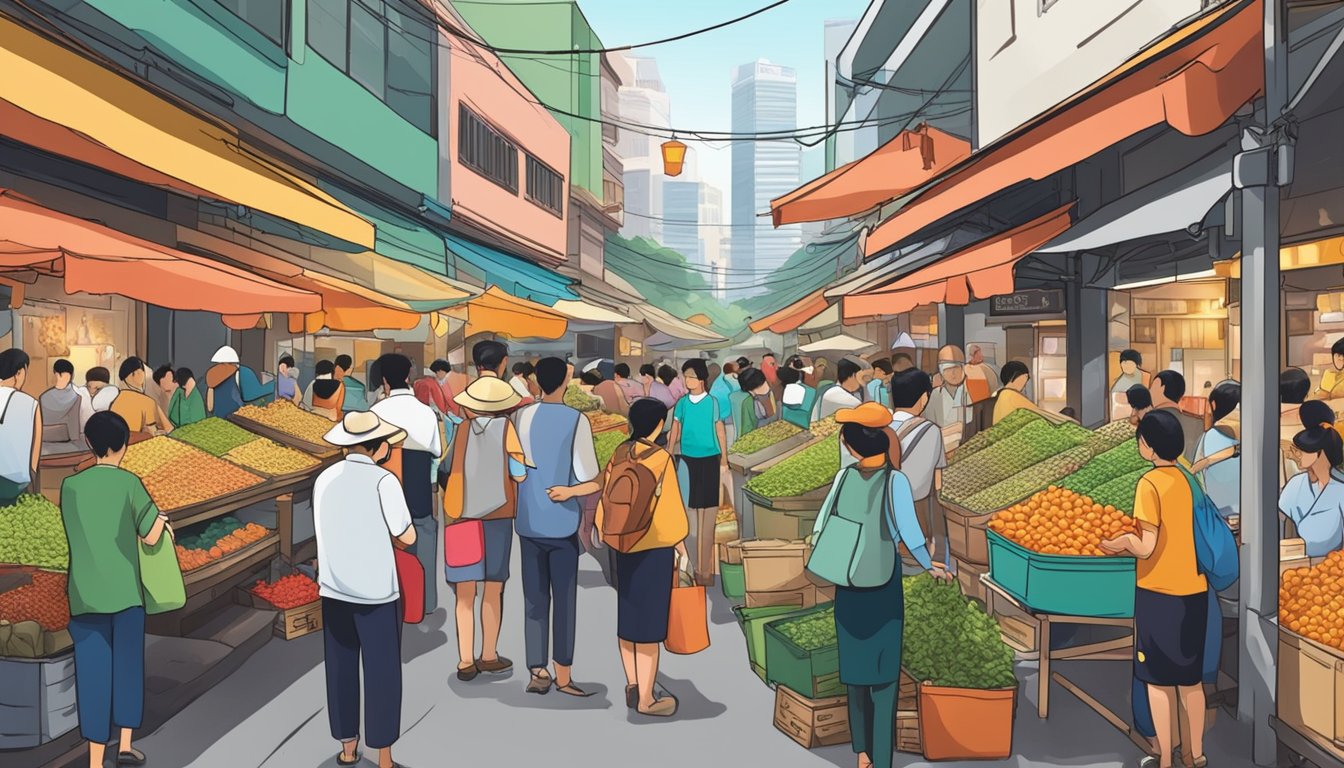A bustling Singapore tea market with colorful displays and bustling customers