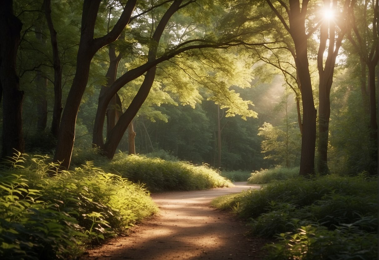 A serene path winds through a lush forest, with sunlight filtering through the trees. Birds chirp and a gentle breeze rustles the leaves, creating a peaceful and inviting atmosphere for a leisurely walk