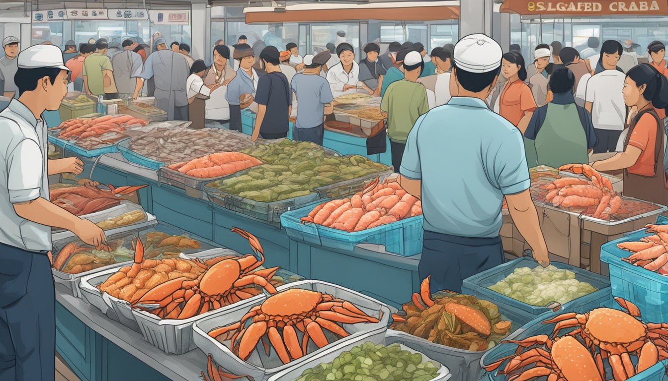 A bustling seafood market in Singapore, showcasing fresh Alaskan king crab on ice, with vendors and customers negotiating prices