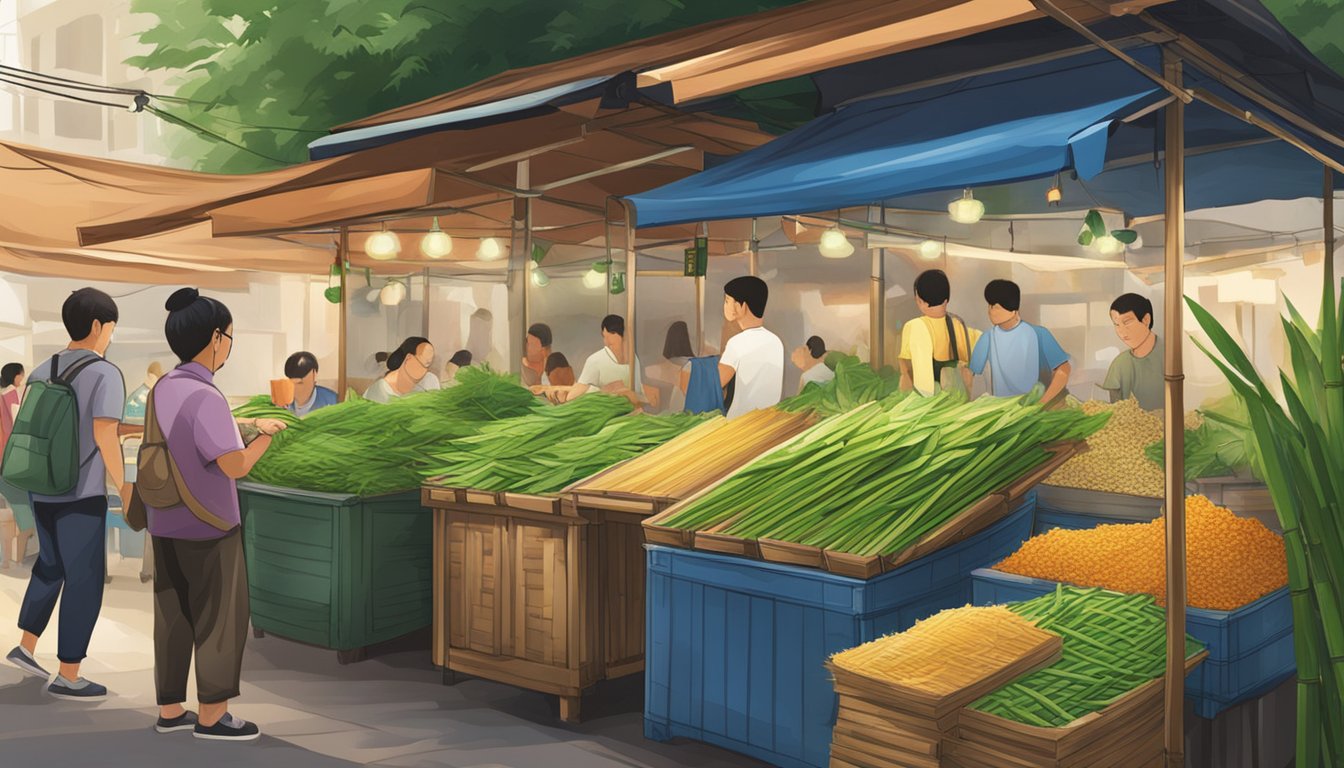 A bustling market stall in Singapore sells fresh bamboo leaves