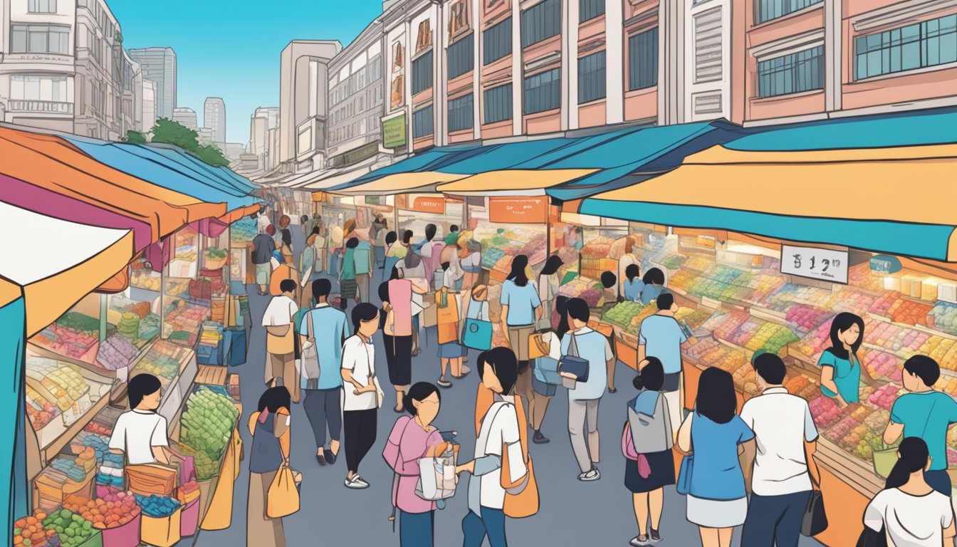 A bustling Singaporean street market with colorful stalls selling skincare products, including Aquaphor. Shoppers browse and purchase items while vendors call out their promotions
