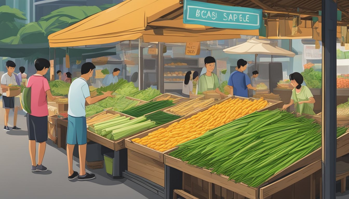 A bustling market stall in Singapore displays fresh bamboo leaves for sale. Brightly colored signs advertise the availability of the leaves, and a vendor arranges them neatly on the counter