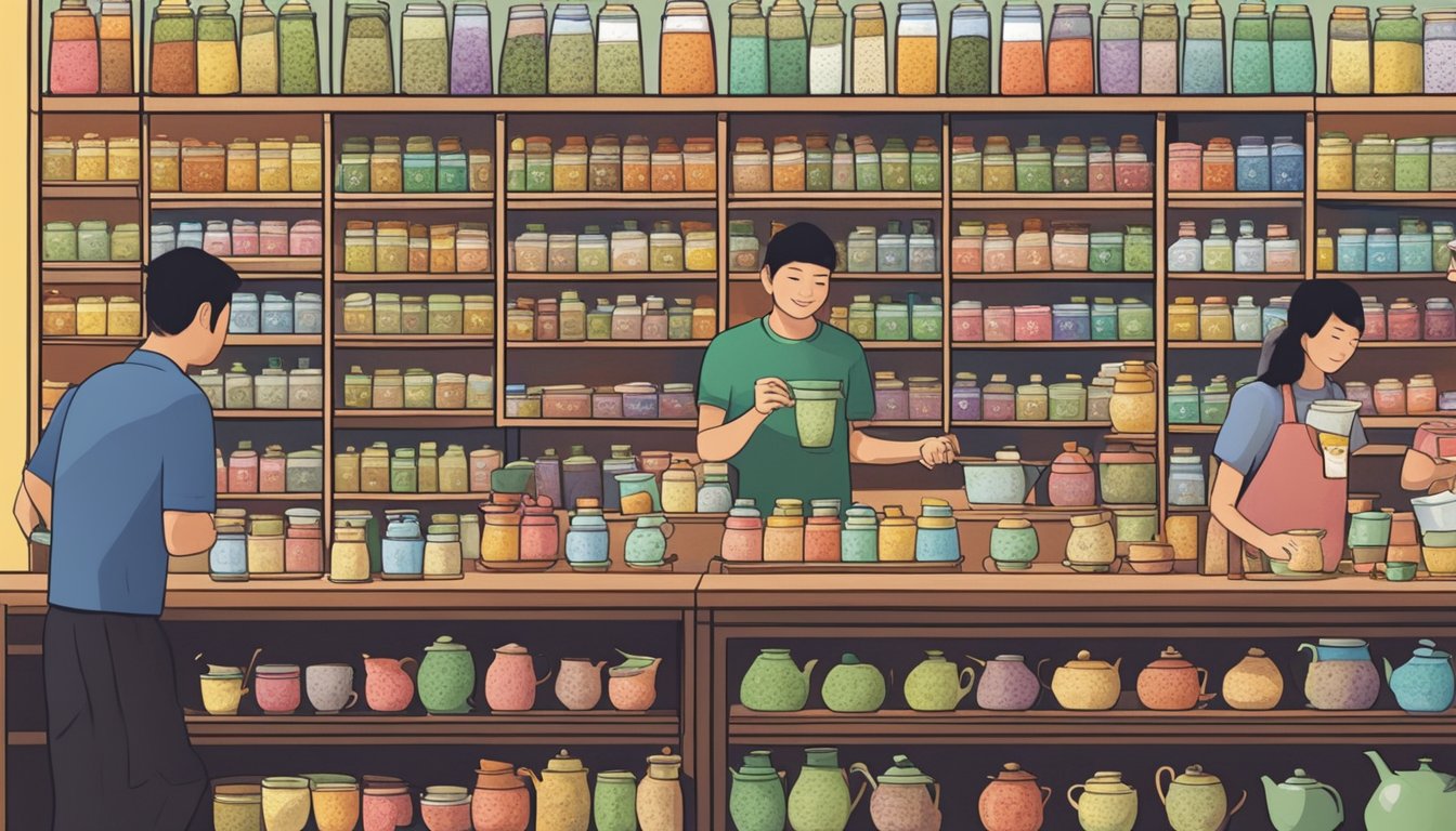 Customers browsing shelves of colorful tea varieties in a Singaporean tea shop