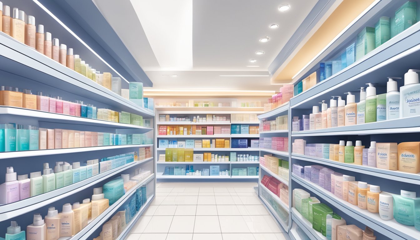 A shelf of various skincare products, with prominent Aquaphor display, in a well-lit store in Singapore
