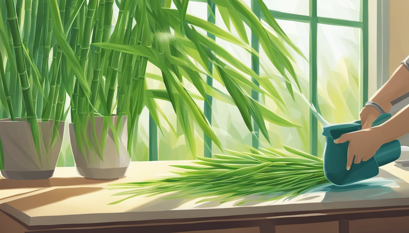 A pair of hands gently watering and wiping down vibrant green bamboo leaves in a serene, sunlit room