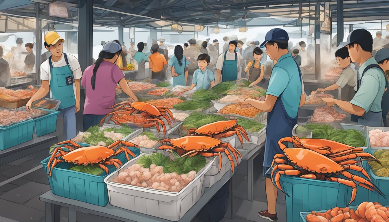 A bustling seafood market in Singapore, with vendors proudly displaying fresh Alaskan king crab on ice, surrounded by curious customers