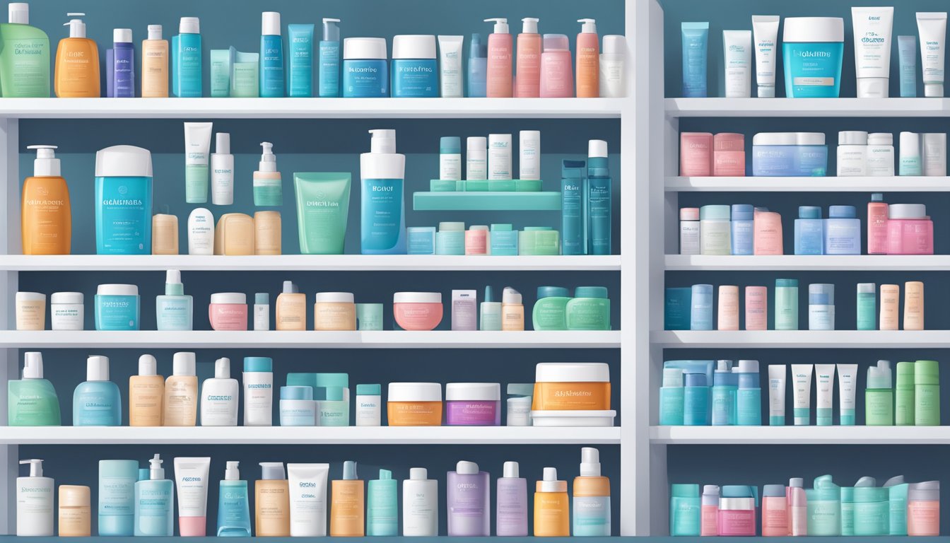 A shelf in a modern pharmacy with various skincare products, including Aquaphor, neatly displayed and labeled