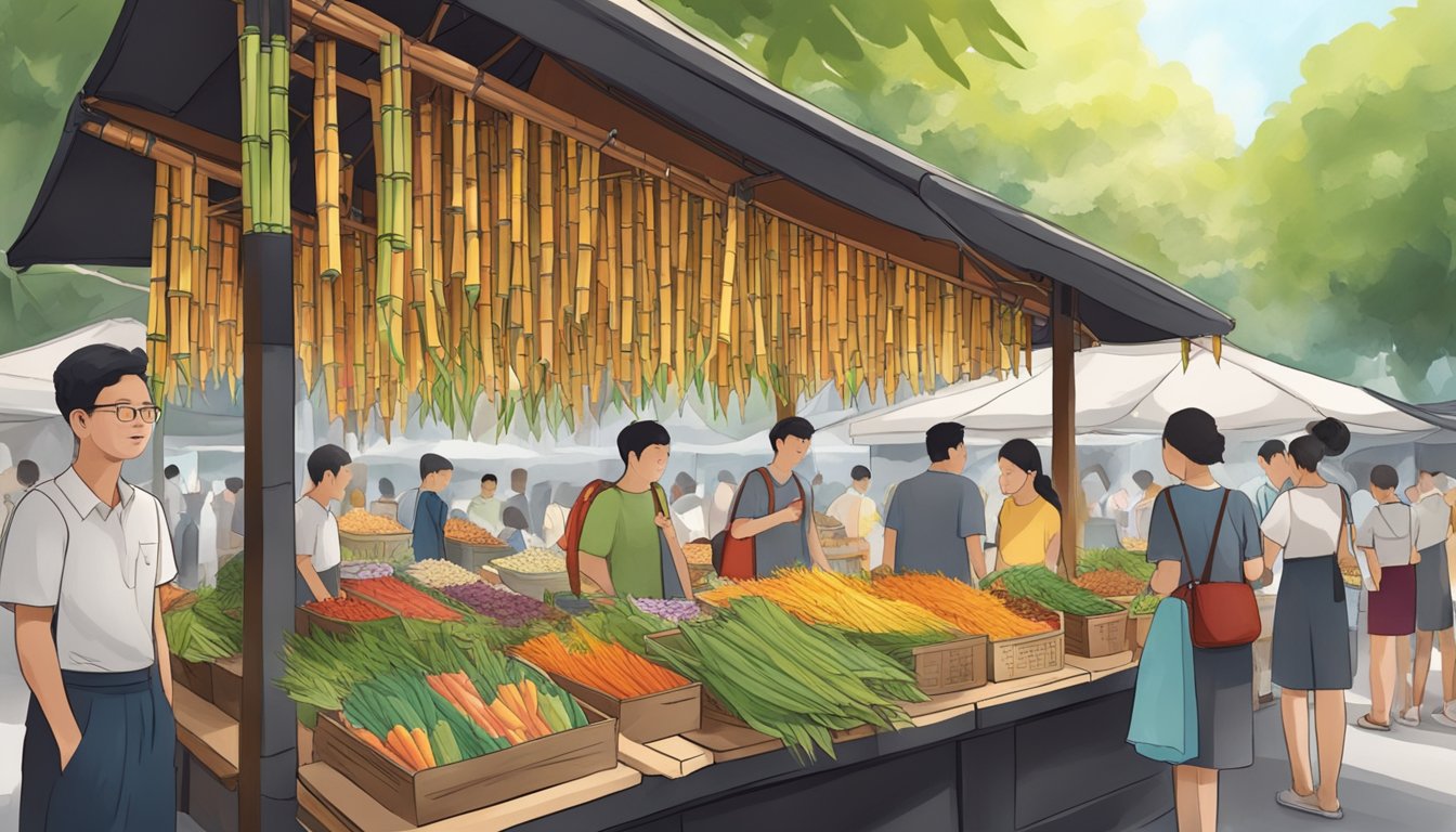 A bustling market stall with colorful bamboo leaves on display, surrounded by curious customers in Singapore