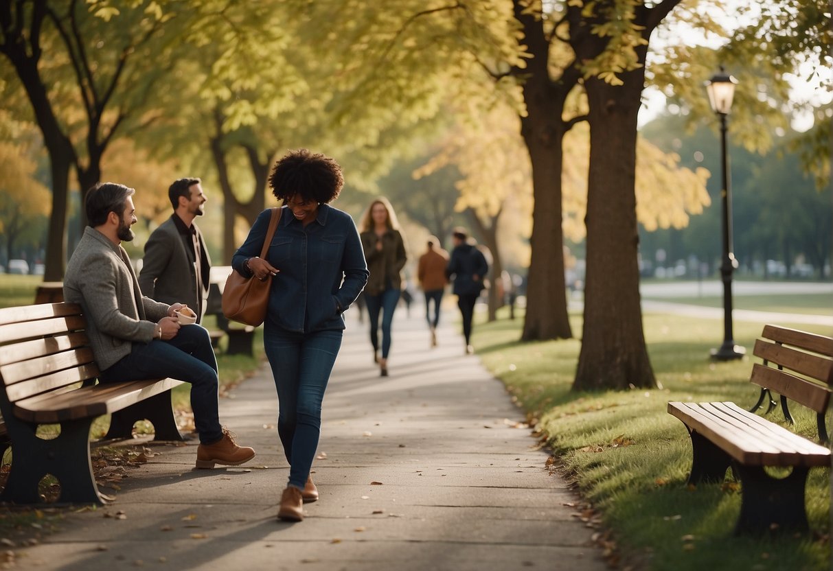 People chatting, laughing, and walking together in a park. Trees, benches, and a winding path create a sense of community and relaxation