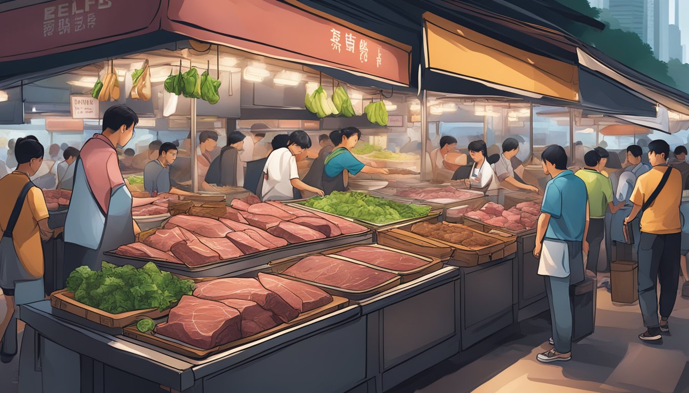 A bustling market stall displays fresh beef liver in Singapore