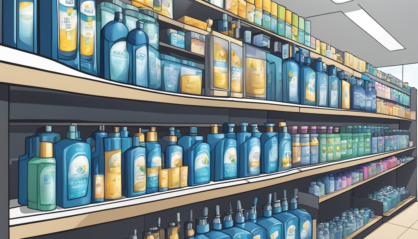A shelf of blue shampoo bottles in a Singaporean store