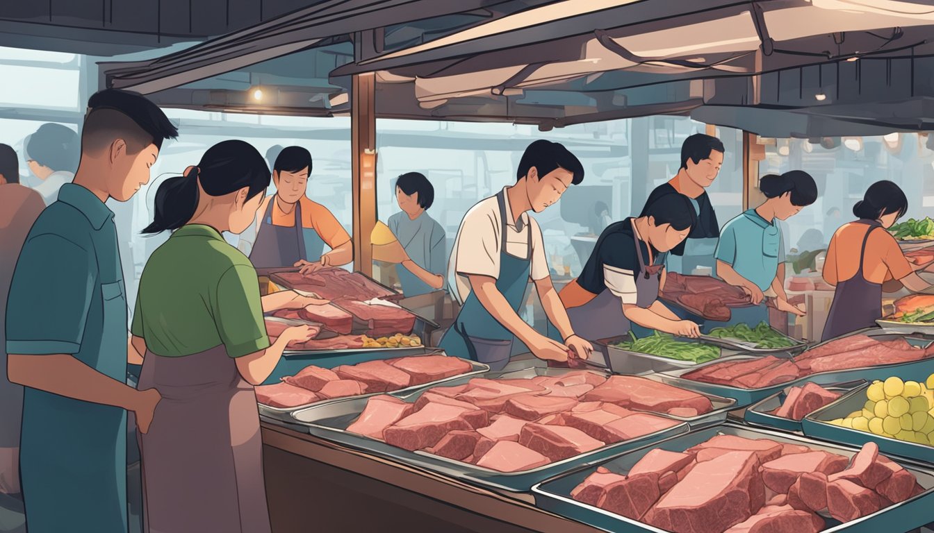 A bustling market stall displays fresh beef liver in Singapore. Shoppers browse the selection, while the vendor arranges the cuts on ice