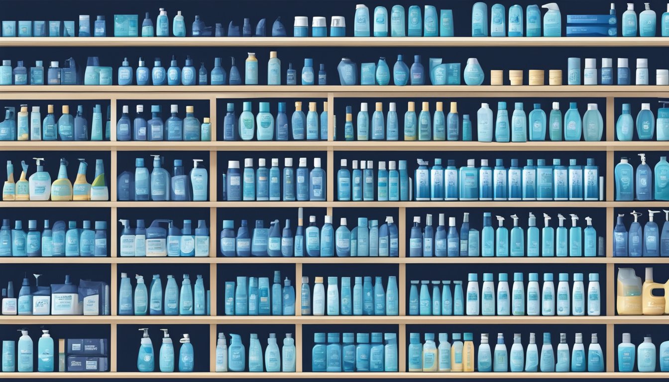 A shelf of blue shampoo bottles in a well-lit store in Singapore. Labels prominently display "Blue Shampoo" with various brands and sizes available