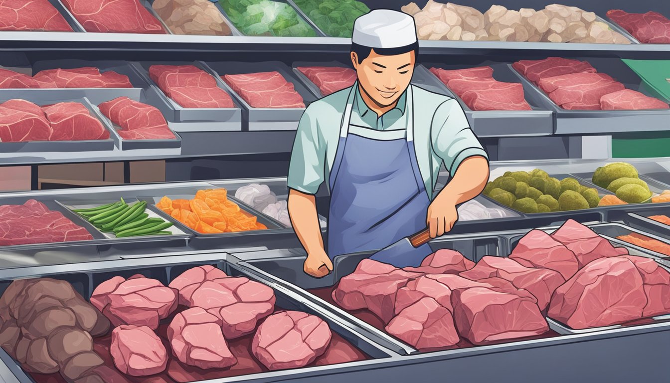 A butcher selects fresh beef liver from a display case at a market in Singapore. The liver is vibrant in color with a smooth texture, and it is neatly packaged for purchase