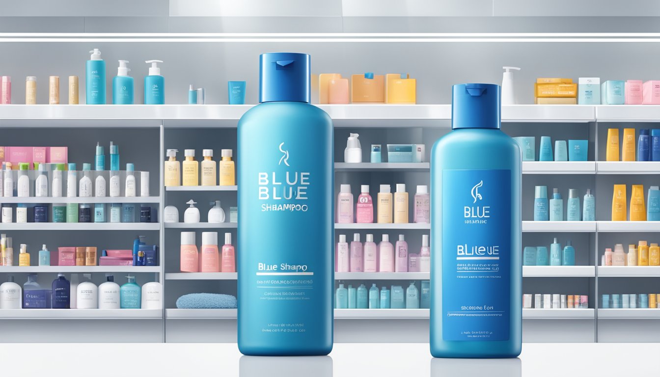 A bottle of blue shampoo sits on a sleek, modern shelf in a Singaporean beauty store. The label is clean and minimalist, with bold lettering that reads "Blue Shampoo."