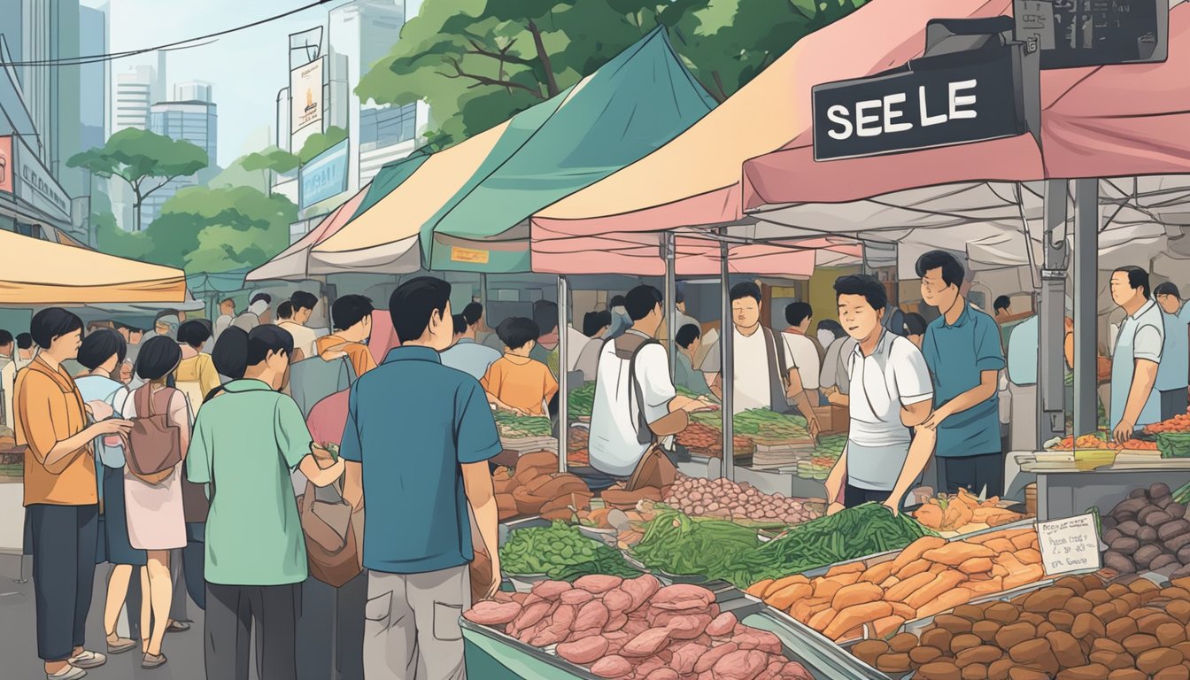 A bustling market stall with a sign advertising "Beef Liver for sale" in Singapore. Customers browse the selection as the vendor answers questions