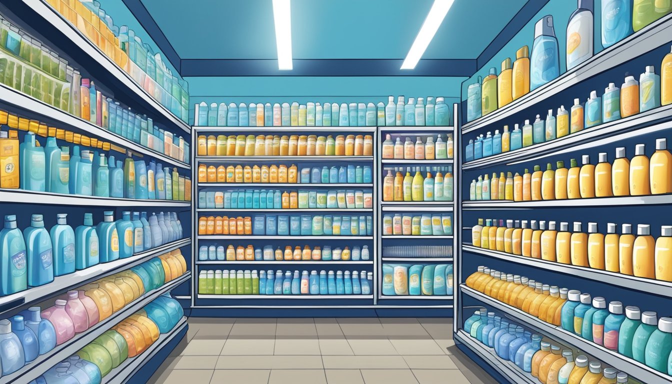 Shelves stocked with blue shampoo bottles in a Singaporean store