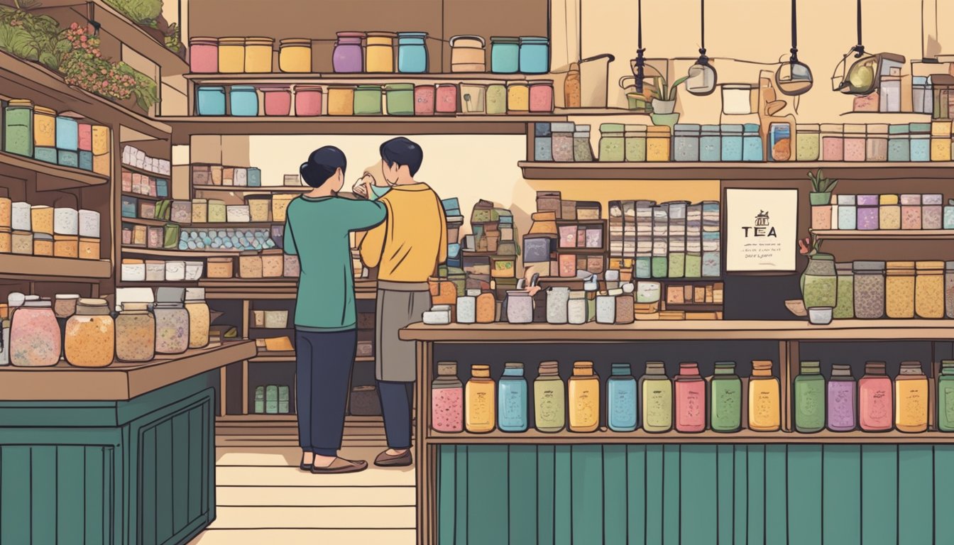Tea shop in Singapore: shelves lined with colorful tea canisters, cozy seating area with customers sipping tea, and a friendly staff member offering samples