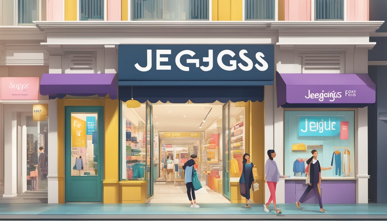 A bright and modern storefront in a bustling shopping district in Singapore, with a prominent sign advertising "Jeggings for Sale" in bold lettering