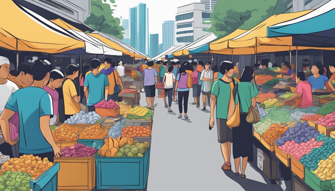 A bustling street market in Singapore, with colorful stalls selling cheap t-shirts. Shoppers browse through racks of clothing, while vendors call out their discounted prices