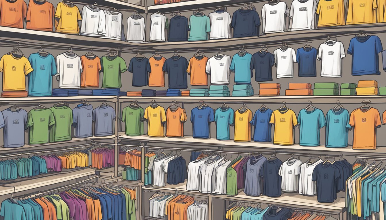 A bustling market stall displays rows of colorful, affordable t-shirts in Singapore. Shoppers browse through racks of various sizes and styles