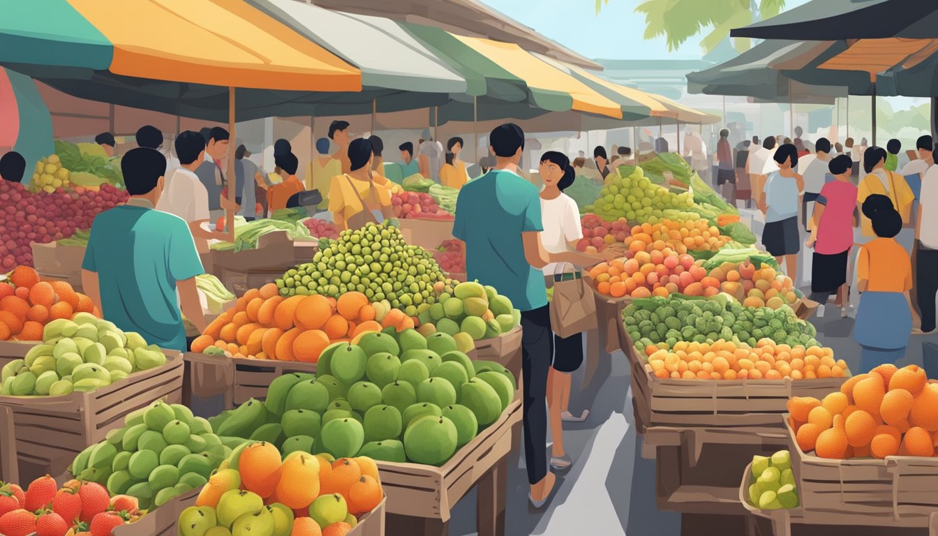 A bustling Singaporean market stall displays vibrant buah long long fruit, stacked in neat piles, with eager customers browsing and purchasing