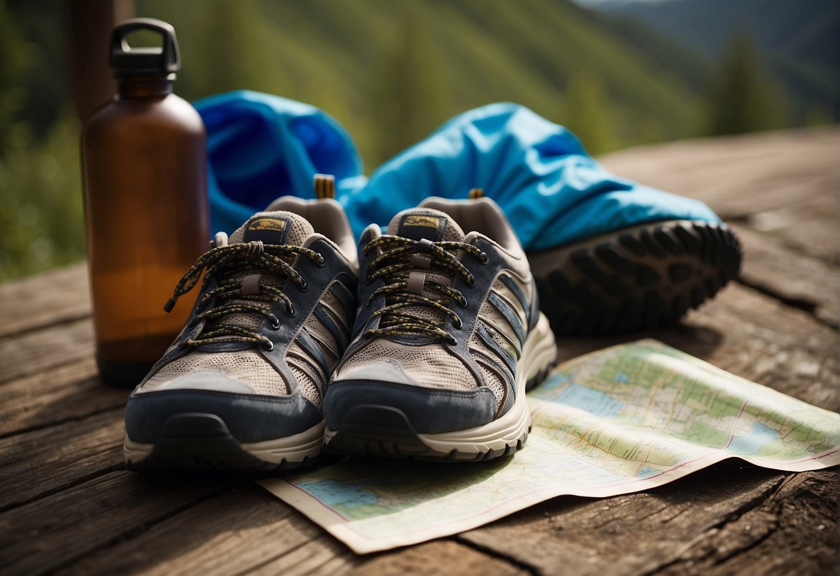 A pair of walking shoes placed neatly by the door, a water bottle and a map laid out on a table, and a peaceful, scenic trail stretching into the distance