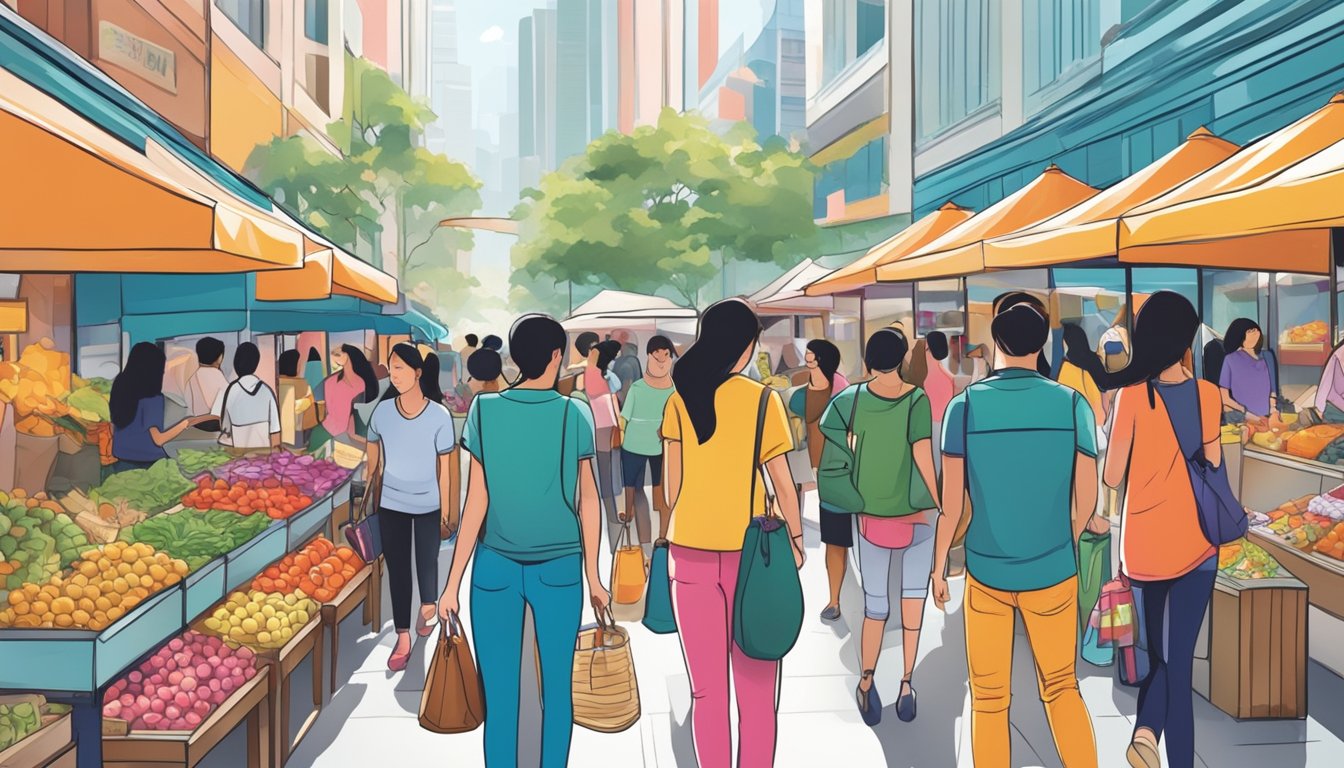 A bustling street market in Singapore showcases colorful storefronts selling trendy jeggings to fashion-forward shoppers