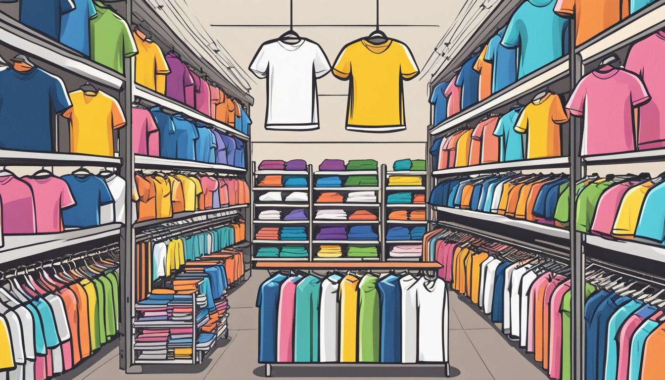 A variety of colorful t-shirts displayed on racks in a budget-friendly store in Singapore. Shoppers browse through the selection, comparing styles and prices