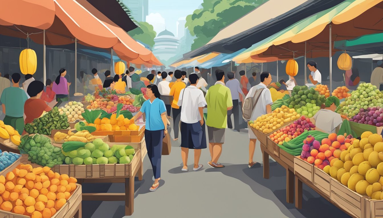 A bustling Singapore market with colorful displays of exotic fruits, including the sought-after buah long long, with eager customers and vendors engaging in lively transactions