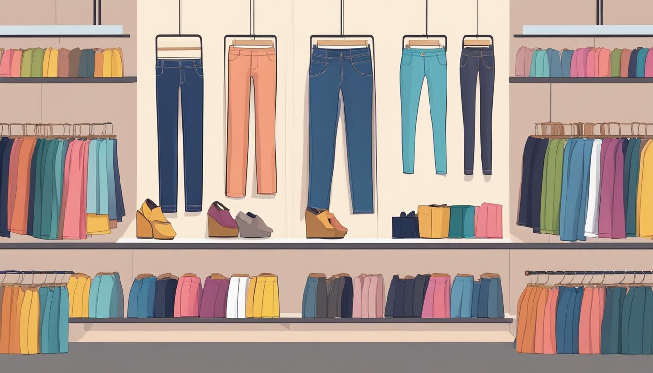 A display of colorful jeggings arranged on shelves in a trendy boutique in Singapore. The store is well-lit with modern decor, and the jeggings are neatly folded or hung for customers to browse