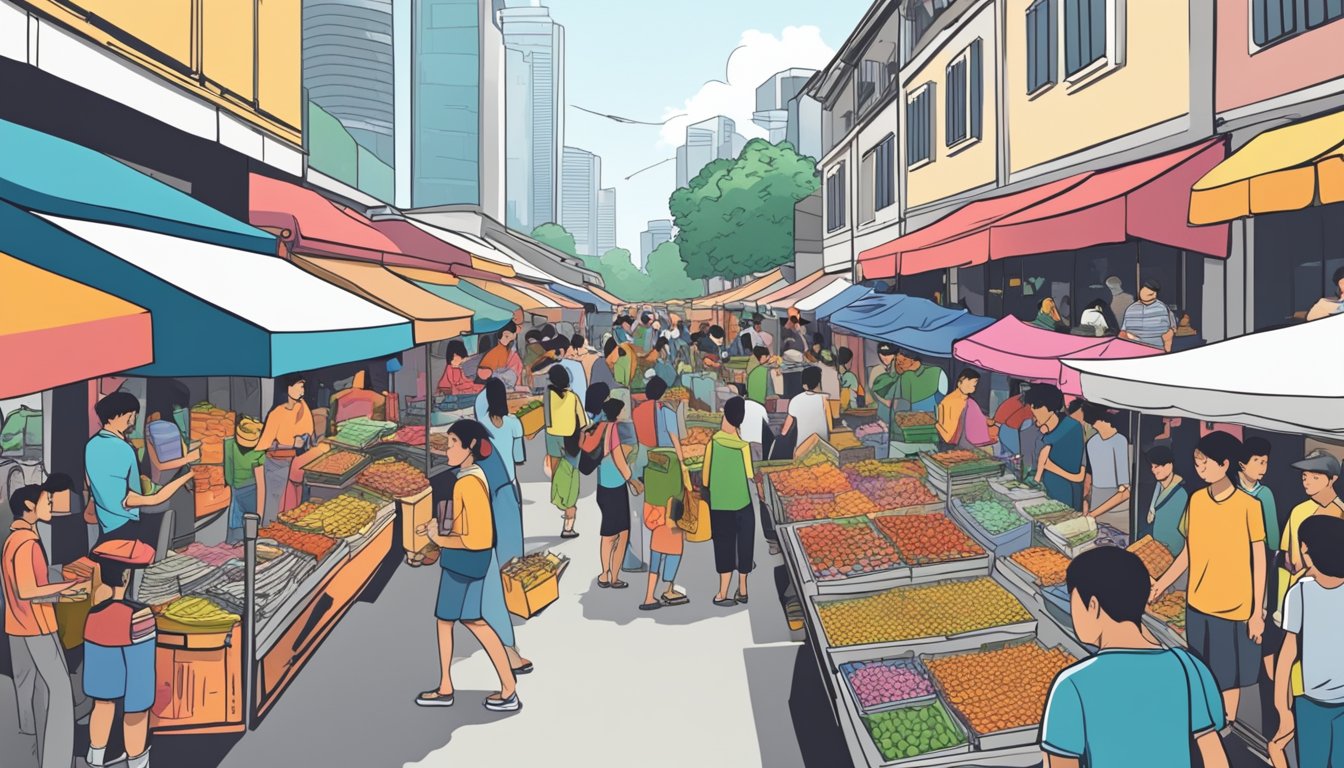A bustling street market in Singapore, with colorful stalls selling cheap t-shirts. Shoppers browse through the racks, while vendors call out their prices