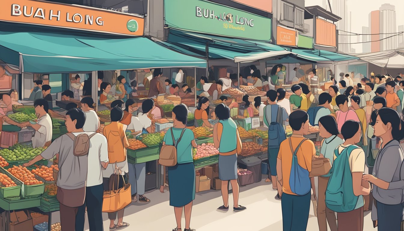A bustling market stall in Singapore with vibrant signage advertising "Buah Long Long" and a crowd of customers asking the vendor questions