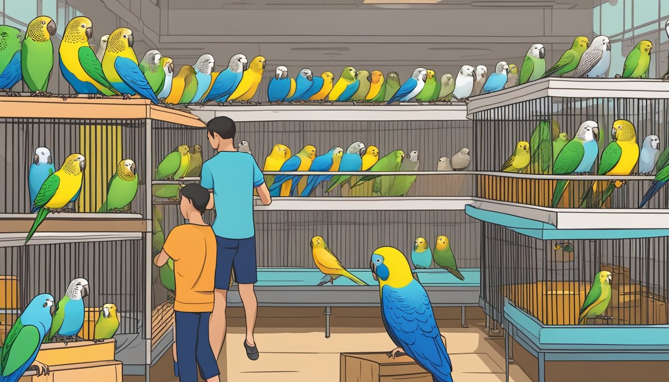 A colorful bird shop in Singapore with various budgies on perches and cages. Customers browsing and interacting with the birds
