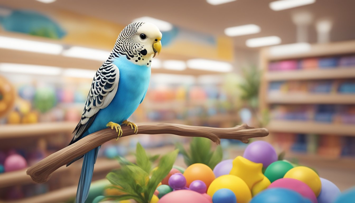 A colorful budgie perches on a branch in a spacious, well-lit pet store in Singapore, surrounded by various toys and accessories