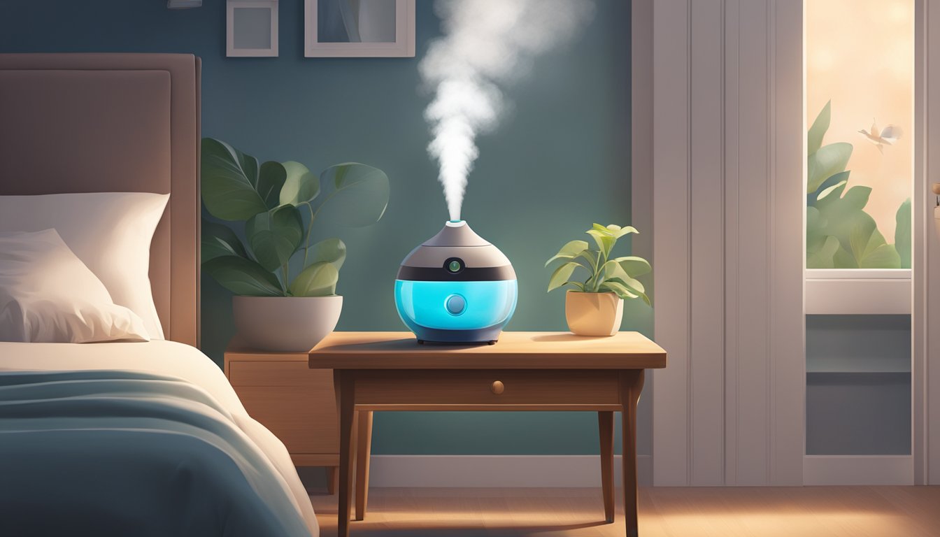 A humidifier sits on a bedside table in a cozy bedroom in Singapore. The soft glow of the nightlight illuminates the mist rising from the machine, creating a tranquil and peaceful atmosphere