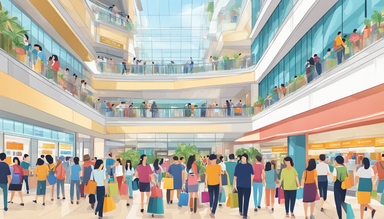 People at a crowded shopping mall in Singapore, with a sign reading "CapitaLand Vouchers" displayed prominently at a retail store
