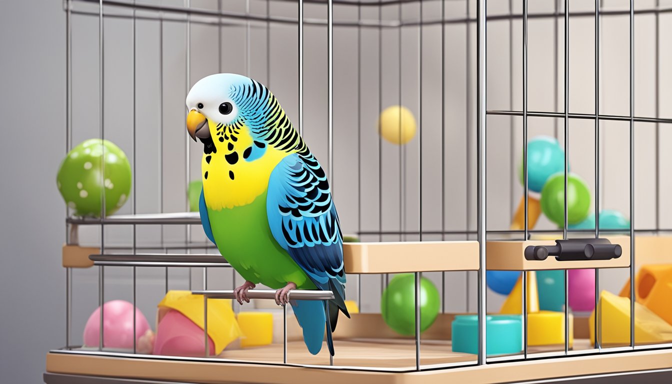 A budgie sits on a perch in a spacious cage, surrounded by toys and perches. Fresh food and water dishes are easily accessible