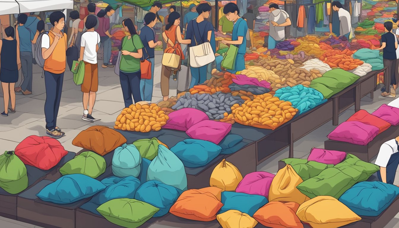 A crowded market stall displays various cheap bean bags in Singapore. Customers browse through the colorful options, while a vendor arranges the merchandise