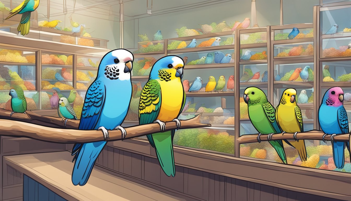 A colorful budgie perched on a branch in a bustling Singapore pet store, with curious customers browsing in the background
