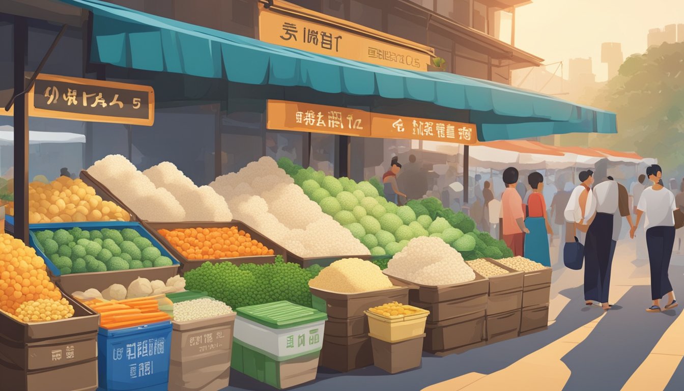 A bustling Singapore market stall sells fresh cauliflower rice in neatly stacked containers, with colorful signs advertising its availability